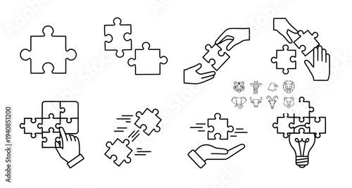 Puzzle piece solution icons showing teamwork collaboration and strategy
