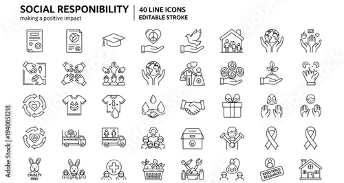 Social responsibility and community impact thin line icon set
