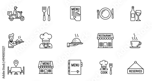 Restaurant and food service thin line icon set with delivery and menu
