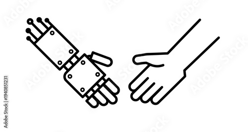 Human hand and robotic arm reaching out for collaboration and AI partnership

