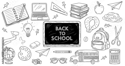 School supplies doodle set with blackboard and stationary elements
