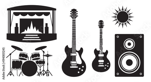 Music instruments and stage vector graphic illustration for entertainment and performance industry designs