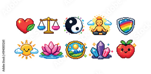 Health and wellness pixel icon set. meditation, balance, healing pixelated collection