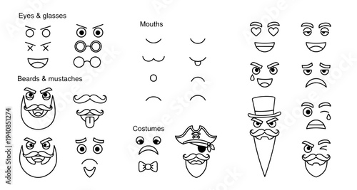 Emoji character creator kit with various eyes mouths and facial hair
