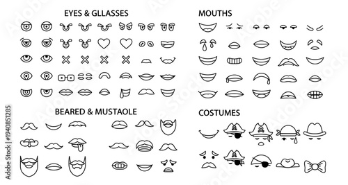 Emoji character creator kit with various eyes mouths and facial hair
