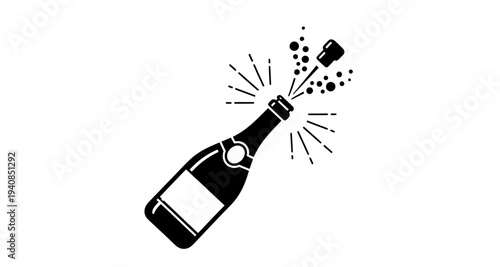 Celebration champagne bottle popping with bubbles and sparkles icon
