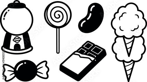 Flat line art vector cute candy icon set with gumball machine, lollipop, chocolate bar, wrapped sweet, jellybean and cotton candy