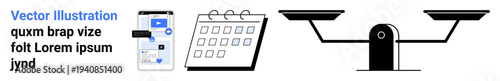 Scheduling, time management, digital organization, task planning, fairness, balance. Digital interface next to a calendar and scales icon. Time management and digital organization