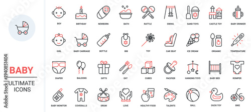 Red black thin line icons set for baby care. Toys and rattle for game activity of kid, nappy diaper, pacifier for newborn, bed carriage for infant child, girl boy faces vector illustration