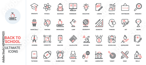 Red black thin line icons set for school, college and university education. Laboratory equipment for training chemistry and physics, library books for students. Vector illustration.