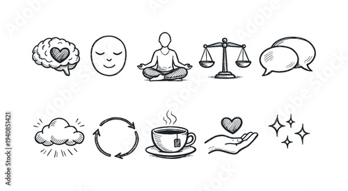 Wellness and mindfulness outline icon set. meditation, yoga, balance symbols collection