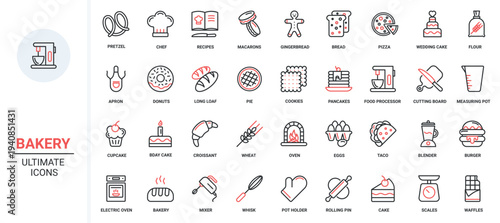Red black thin line icons set sweet food collection with kitchen equipment to cook dessert and bake bread, sugar pictogram menu for restaurant cafe. Bakery, confectionery vector illustration