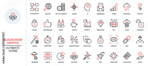 Red black thin line icons set for blockchain, bitcoin, crypto money in digital wallet, data mining in network, cryptocurrency exchange, transaction payment pictogram cryptography vector illustration