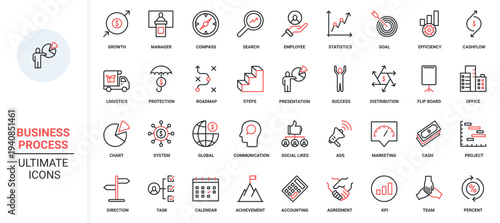 Red black thin line icons set for business process, technology of effective work activity analyze data, team communication, task management, productivity of planning achievement vector illustration.