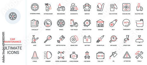 Workshop garage equipment, mechanic tools to repair engine, change tires, road safety sign, and emergency call vector illustration. Trendy red black thin line icons for car maintenance service.