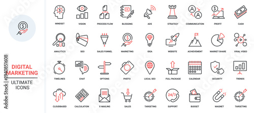 Business management, digital marketing, social media strategy red black thin line icons set vector illustration. Business technology esearch market, target information advertising campaign product