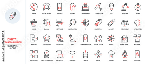 Digital technology, network communication and equipment trendy red black thin line icons set vector illustration. Smart home security, payment and shopping, drone and robot automation, data transfer