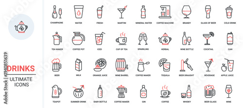 Drinks trendy red black thin line icons set vector illustration. Restaurant bar menu collection with mineral water, alcohol cocktails, fruit vitamin juice, hot coffee and tea, champagne and beer glass