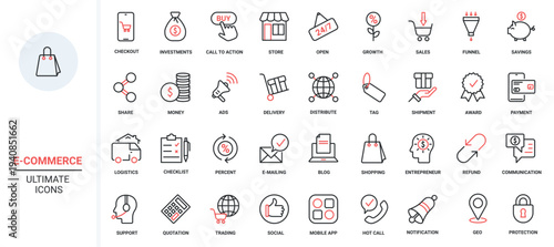 Ecommerce trendy red black thin line icons set vector illustration. Online business collection with mobile apps orders delivery and payment, customer support service communication, retail store sales