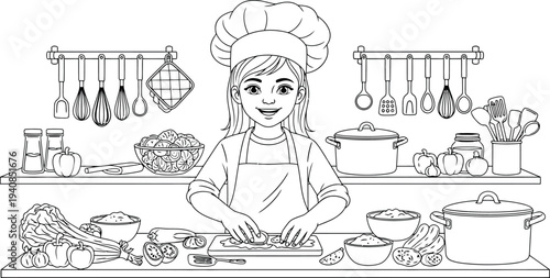 Young girl chef preparing delicious food in a kitchen scene vector illustration graphic design