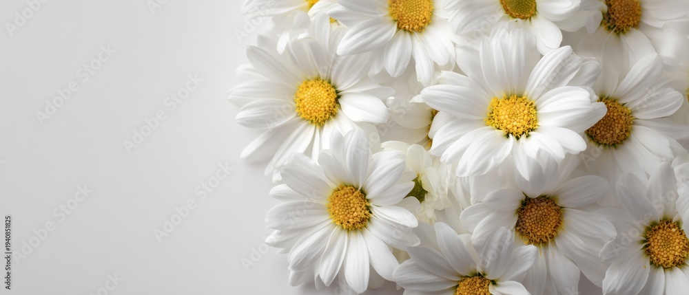 Fototapeta premium Cluster of White Daisies with Bright Yellow Centers on White Background with Copy Space Representing Sympathy, Wedding or Mother's Day Florals, Bunch of White Daisies with Yellow Centers, Arrangement 