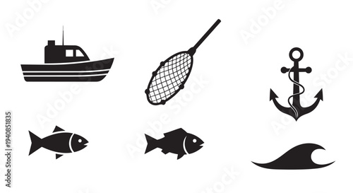 Fishing icons set including boat, net, anchor, fish and wave