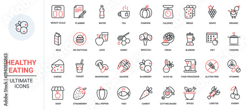 Medical diagnostics, healthcare red black thin line icons set vector illustration. Health support and help in hospital symbols and equipment for check organs, ambulance and clinic laboratory research.