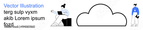 Cloud storage, teamwork, remote work, file sharing, online collaboration, digital connectivity. A large cloud symbol with two people using laptops and documents. Cloud storage and teamwork concept