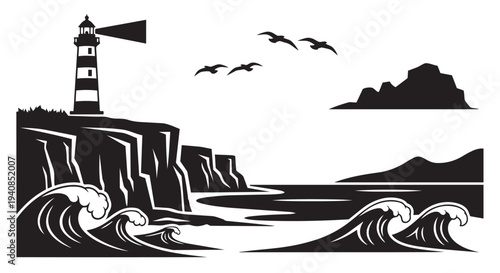 Dramatic coastal landscape with lighthouse on rugged cliffside by sea