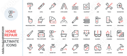 Home repair and decoration red black thin line icons set vector illustration. House renovation pictogram collection with wall paint roller, brush and hammer, level and drill tools for builders work.