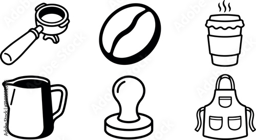 Line art coffee equipment icons arranged in grid showing portafilter bean takeaway cup milk pitcher tamper apron close up vector