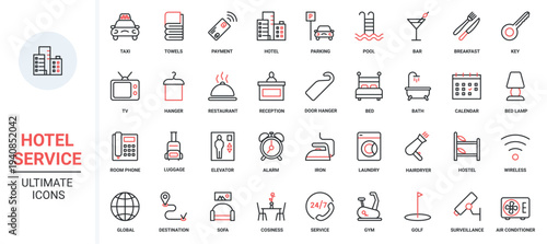 Bar and restaurant, reception and taxi for tourists with luggage, parking and laundry, room furniture for hostel and payment. Hotel service trendy red black thin line icons set vector illustration.