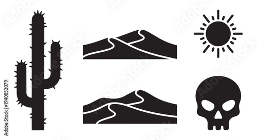 Desert landscape vector illustration set with cactus, hills, sun, and skull icons