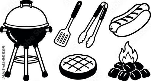 Flat design angle black and white barbecue icons set with grill, spatula, tongs, patty and hot dog line art