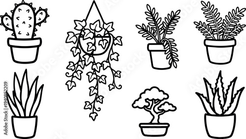 Hand drawn line art botanical icon set with eight potted plants including cactus hanging ivy bonsai aloe fern snake plant