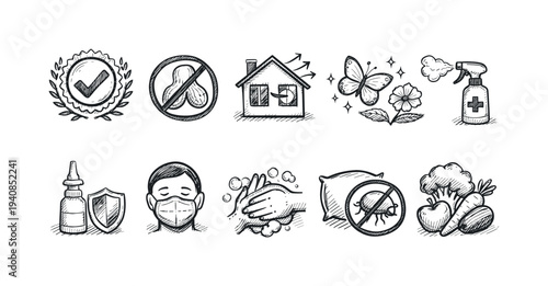 Allergy prevention outline icon set. health, protection, allergy free icons collection.