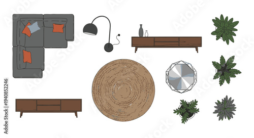 overhead view of modern living room furniture and decor including a sectional sofa rug lamp and plants.