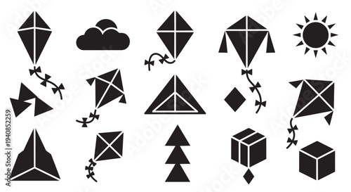 Geometric kites fly in sunny sky with clouds