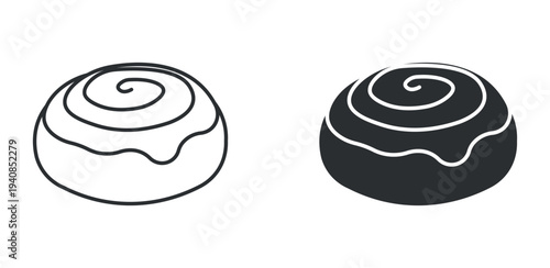 Cinnamon roll icon set, sweet pastry dessert bun symbol, outline and solid silhouette style. Vector illustration.