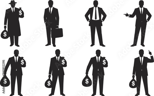 Businessman silhouettes holding money bags and briefcases set, corporate finance success concept, wealthy entrepreneur collection, business people icons isolated for investment, profit, 
