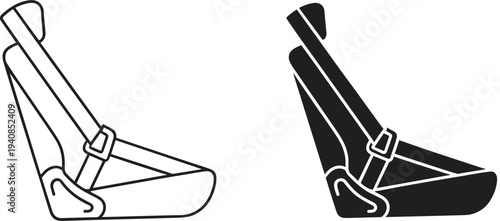 Car seat belt safety icon set with outline and solid silhouette styles, vehicle protection buckle strap symbol for road safety, driving security concept vector illustration