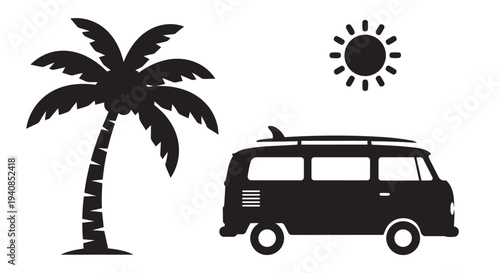 Vector illustration of camper van with surfboard under tropical palm tree and sun
