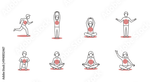 line art icons of diverse people practicing various exercises and mindfulness poses highlighting wellness and inner balance with a red core focus