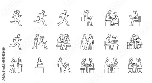 line art icons of people engaged in various daily activities and social interactions perfect for modern web and app designs
