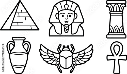 Line art flat design front view egyptian icon set with pyramid pharaoh mask scarab ankh column amphora on white background