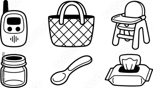 Hand drawn line art set of baby feeding and nursery icons showing monitor, woven bag, high chair, jar, spoon, wipes arranged