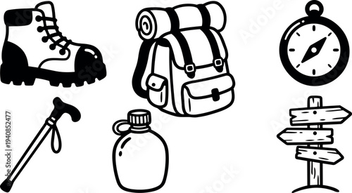 Hand drawn line art close up hiking gear set with boot, backpack, compass, walking stick, canteen and signpost bold black outline icons