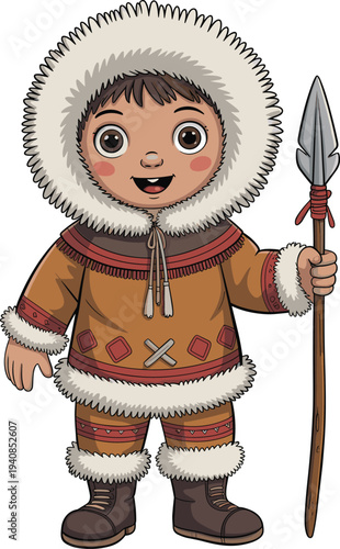 Cute cartoon Inuit boy wearing traditional fur parka holding hunting spear, smiling Arctic child character illustration isolated for kids design, mascot, education and culture themes