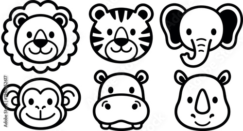 Line art minimalist front facing animal faces set with smiling lion tiger elephant monkey hippo rhino in clean grid layout vector