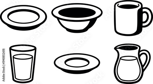 Line art kitchenware set top view close up plates bowls mug glass pitcher isolated simple black outline minimalist collection vector icons
